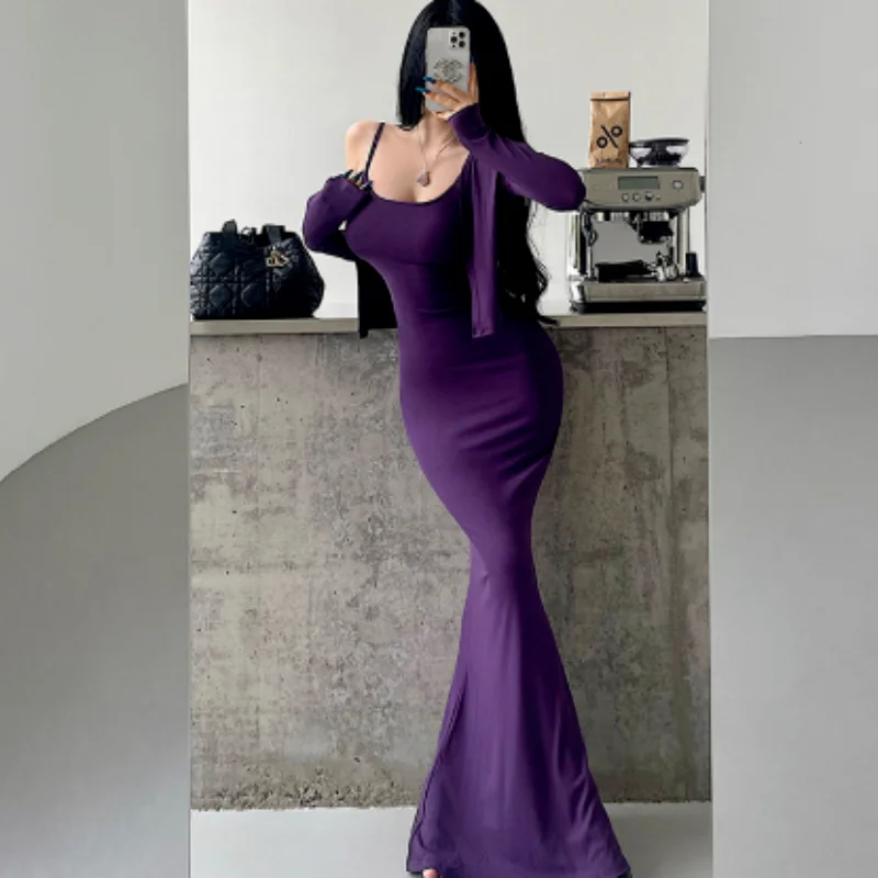 

Sexy Kardashian Style Wrap Body Fish Tail Gown Long Sleeve Strapless Floor Length Dress And Cardigan Set for Women Autumn Wear