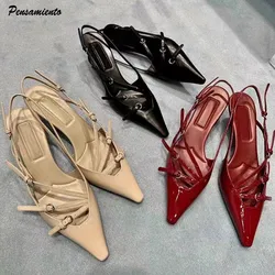 Modne lakierowane skórzane kwadratowe noski damskie czółenka seksowne wąskie paski Slingbacks 6cm wysokie obcasy elegancka wiosenna letnie damskie buty do biura