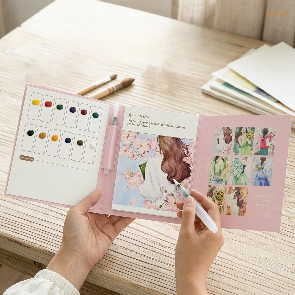New Adult Watercolor Painting Books 3-Folds Layout with Included Pigments Relaxing DIY Coloring Pages Portable Hand-Painted Arts