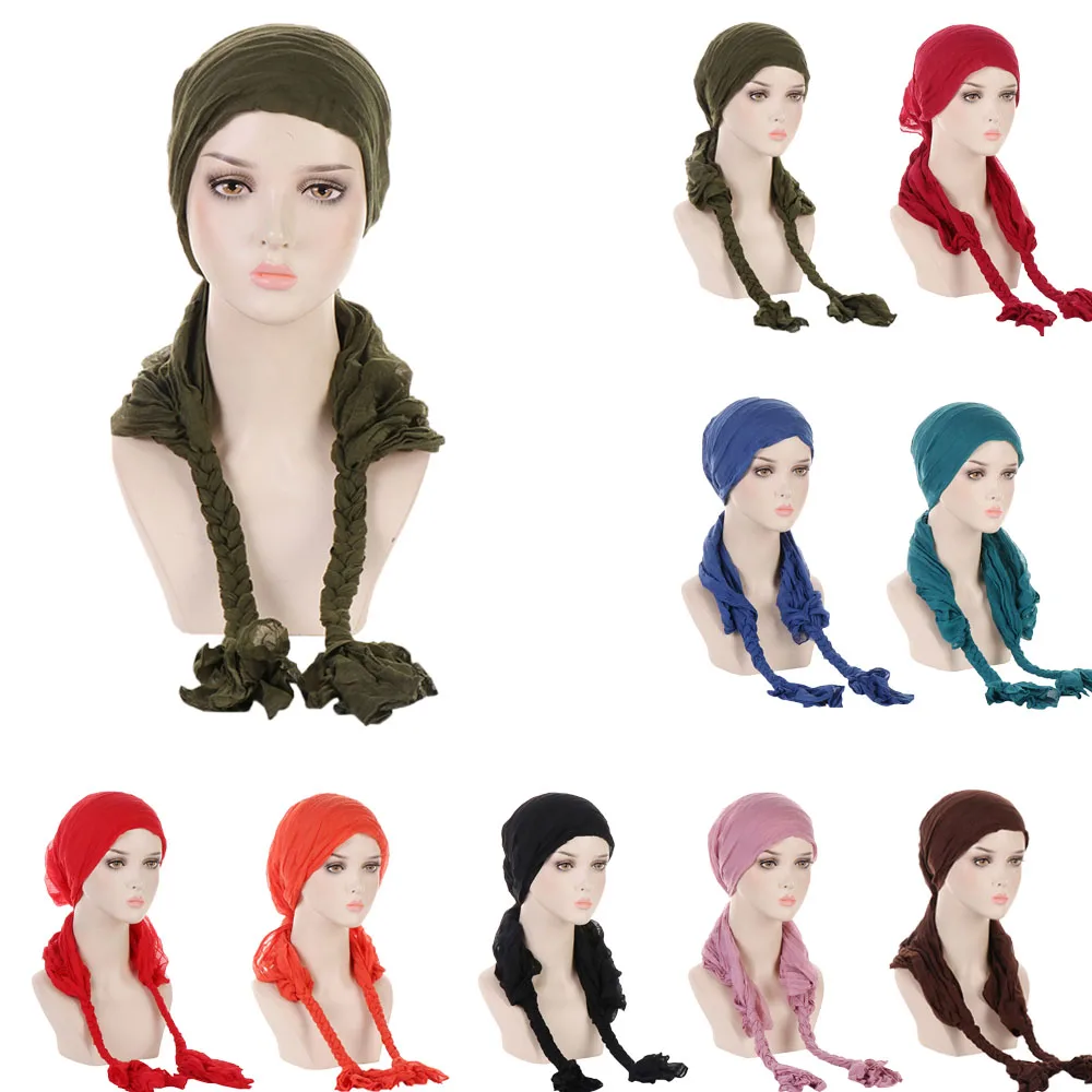 Women Pre-Tied Muslim Braids Turban Hijab Cancer Chemo Hat Cap Hair Loss Cover Head Scarf Wrap Headwear Stretch Bandana Indian