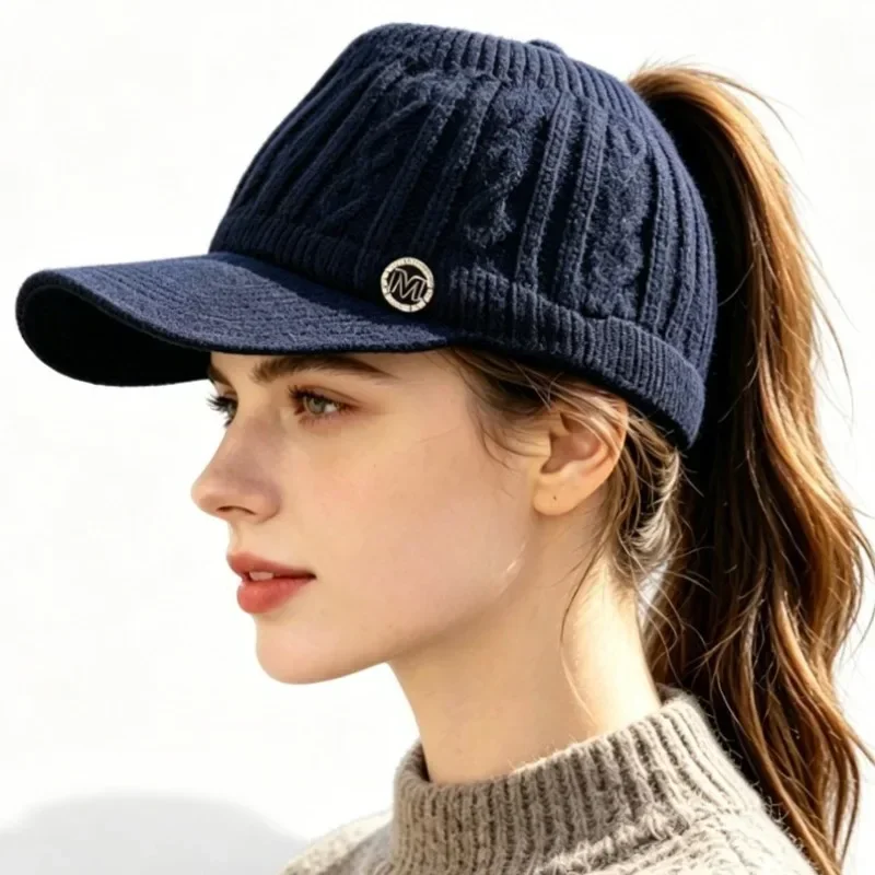 Autumn Winter Warm Empty Top Hat Women Ponytail Friendly Cold Protection Ear Protection Knitted Beanie Hat Soft Stretch Adjustab