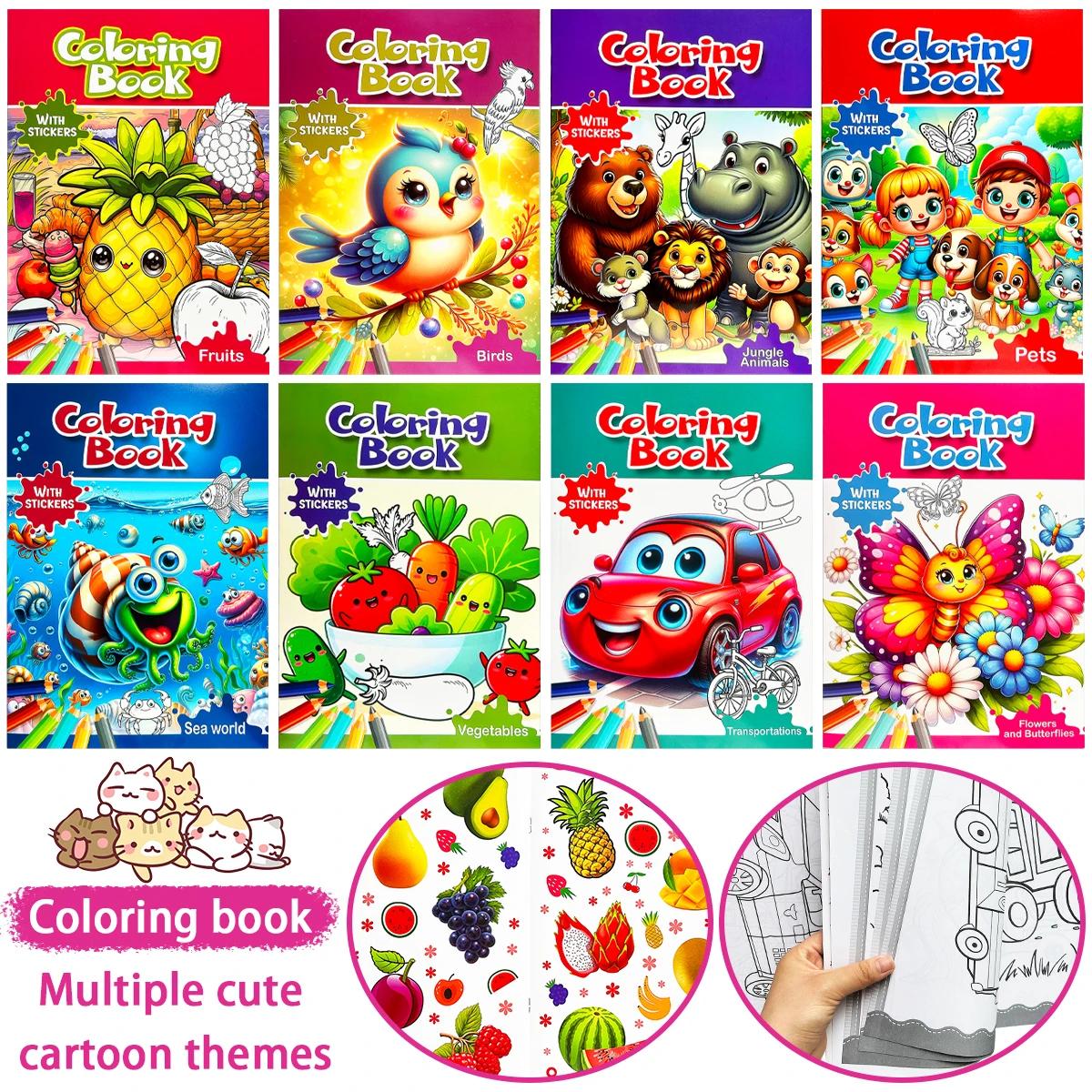 

Cute Cartoon Coloring Books with Stickers, Popular Kids' Art Activity Books, Multiple Themes Available