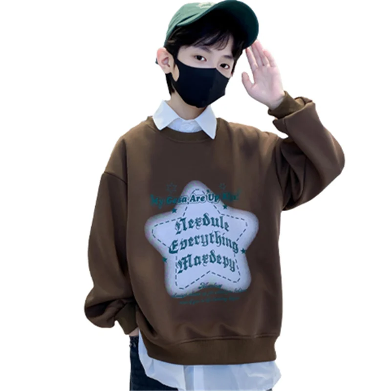 

New Korean Children Cotton Sweatshirt with Star Print for Boys Army Green Brown Color Spring Clothing For Teenage Kids 5-14 Year