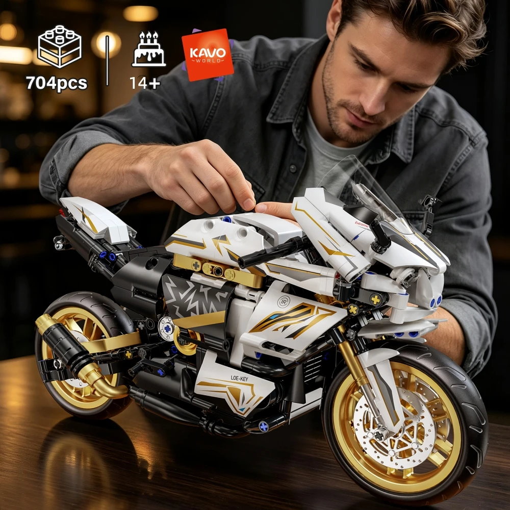 KAVOWORLD MOC Retro Platinum Motorcycle Building Block Kit 704PCS 1:10 Scale Sport Bike Model DIY Assembly City Racing Motorbike Construction Toy Working Suspension & Disc Brakes Desk Display Decor Halloween Thanksgiving Christmas Car Set Gift for Friends
