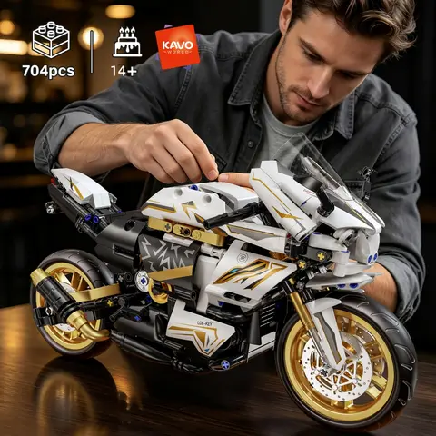 KAVOWORLD MOC Retro Platinum Motorcycle Building Block Kit 704PCS 1:10 Scale Sport Bike Model DIY Assembly City Racing Motorbike Construction Toy Working Suspension & Disc Brakes Desk Display Decor Halloween Thanksgiving Christmas Car Set Gift for Friends