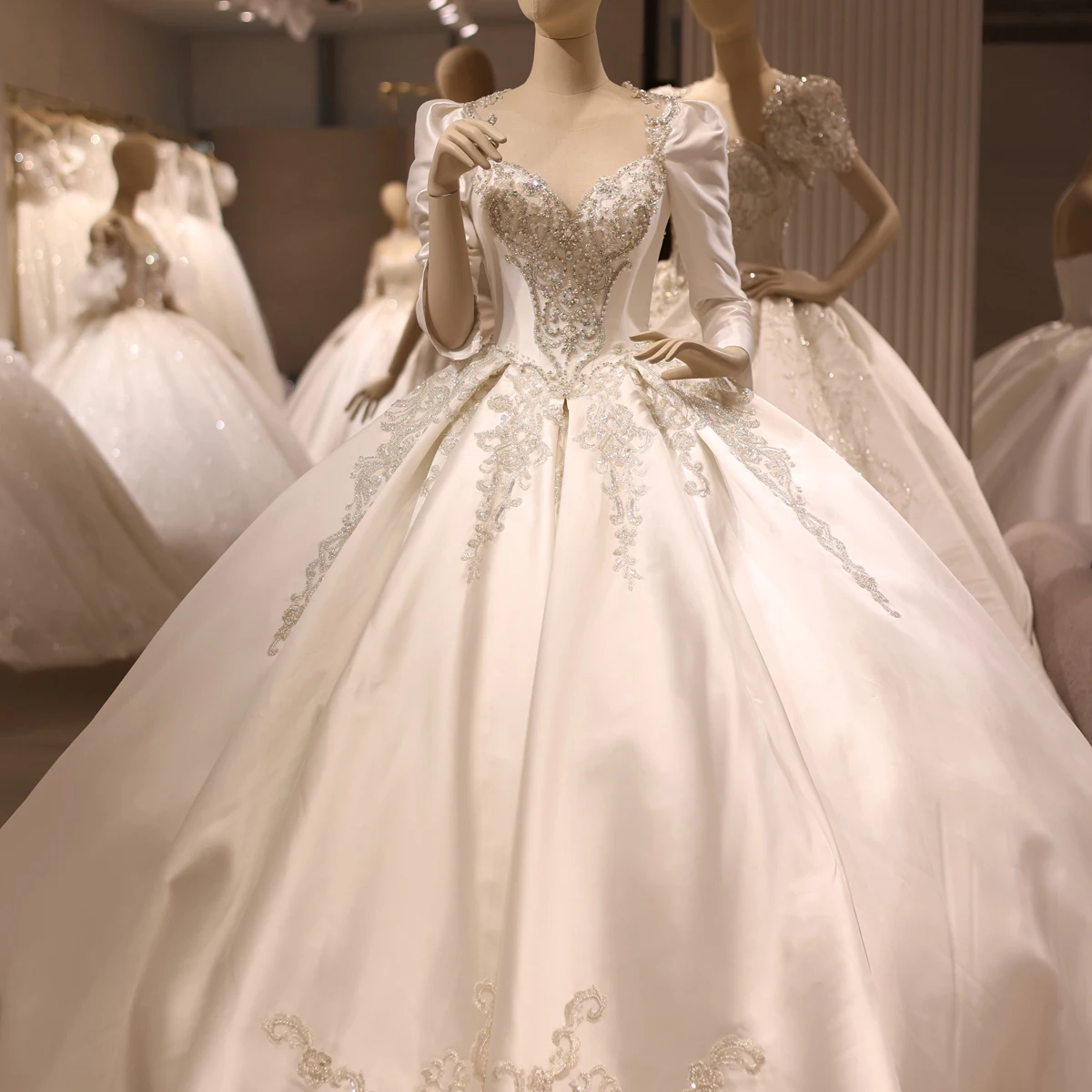 

Sharon Said 100% Real Photo Luxury Ball Gown Off White Satin Wedding Dress Long Sleeves Lace Bride Gowns RS035 Customiezd