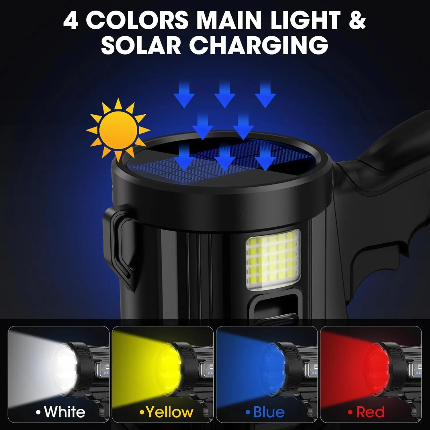 Oplaadbare spotlight, 99.000 lumen superheldere LED-zaklamp met zonnepanelen voor buiten kamperen varen