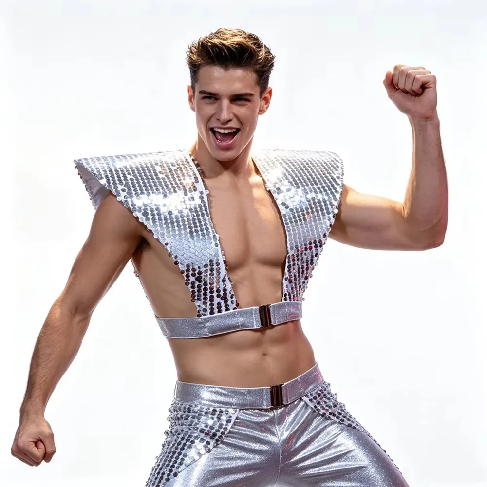 Unisex Silver Sequin Tassel Vest with Elastic Shoulder Pads Halloween Party Glitter Armor Cosplay Costume for Rave Stage Wear