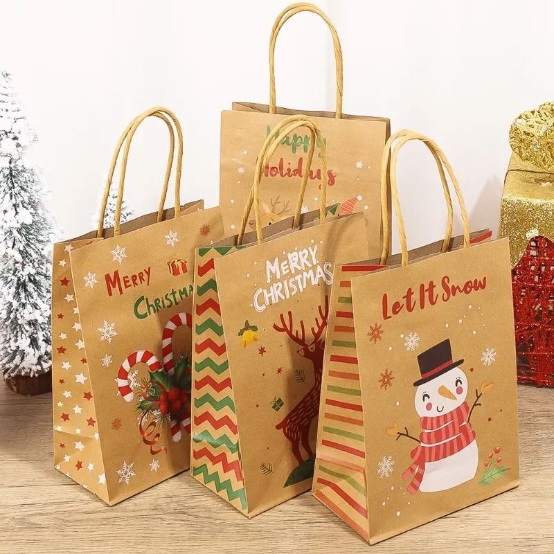 20/5pcs Christmas Kraft Paper Handbags Small Gift Candy Shopping Bags Christmas Snack Present Packaging Tote Bag Party Supplies