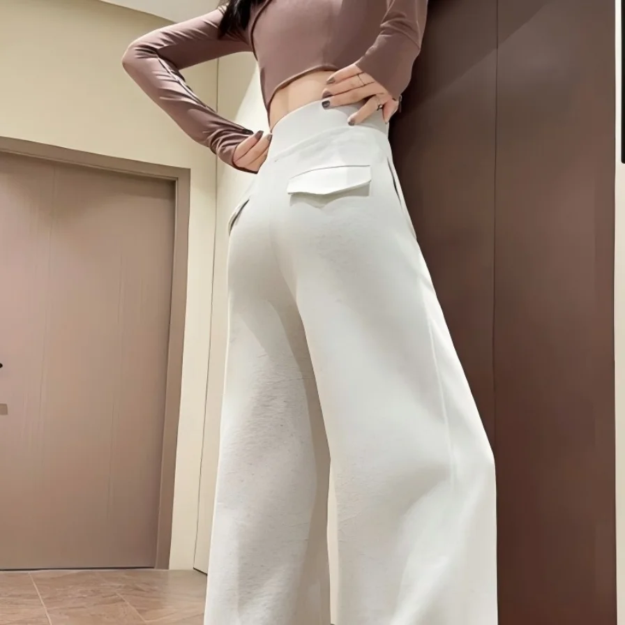 Pantalones deportivos grises de cintura alta para mujer, holgados, rectos, de pierna ancha, estilo americano, efecto adelgazante