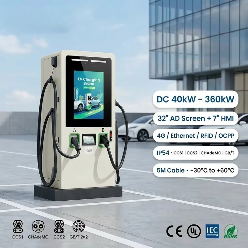 Customized 60KW 120KW 320KW DC EV Charging Pile 32in AD Display Double CCS1 CCS2 CHADEMO GBT OCPP 1.6J 4G RFID IP54 Charging Sta