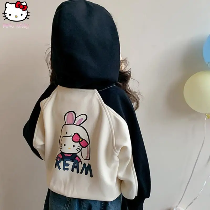 

Hello Kitty Girls' Spring Autumn Anime Baseball Jacket Sanrio New Cartoon Kawaii Casual Children's Fashion Hooded Zipper Tops