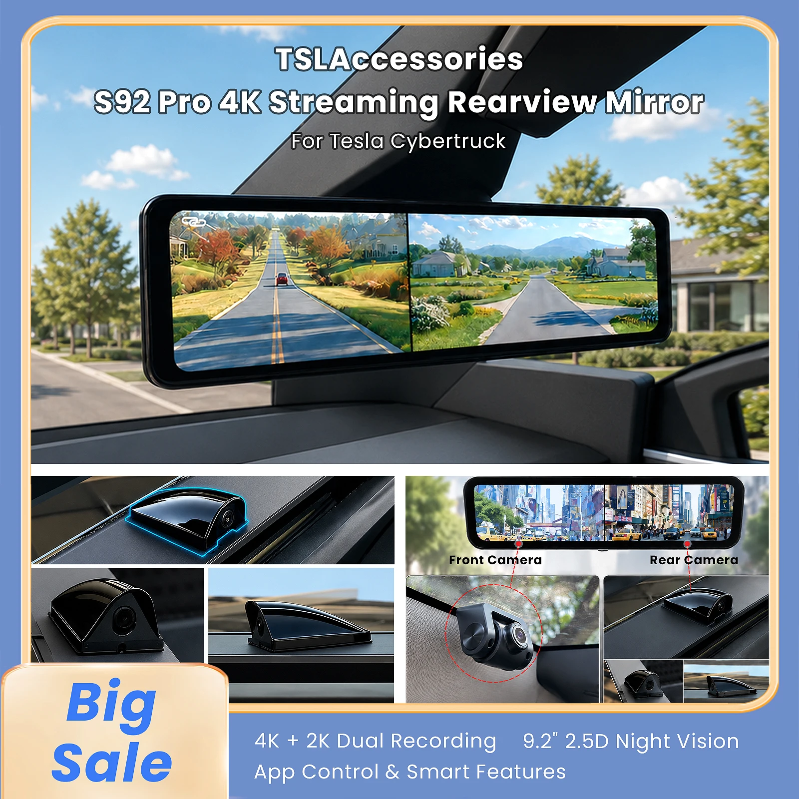 Newest Dual Camera Dash Cam Stream for Tesla Cybertruck 9.2" HD Streaming Rearview Mirror Auto Video Recorder Night Vision WiFi