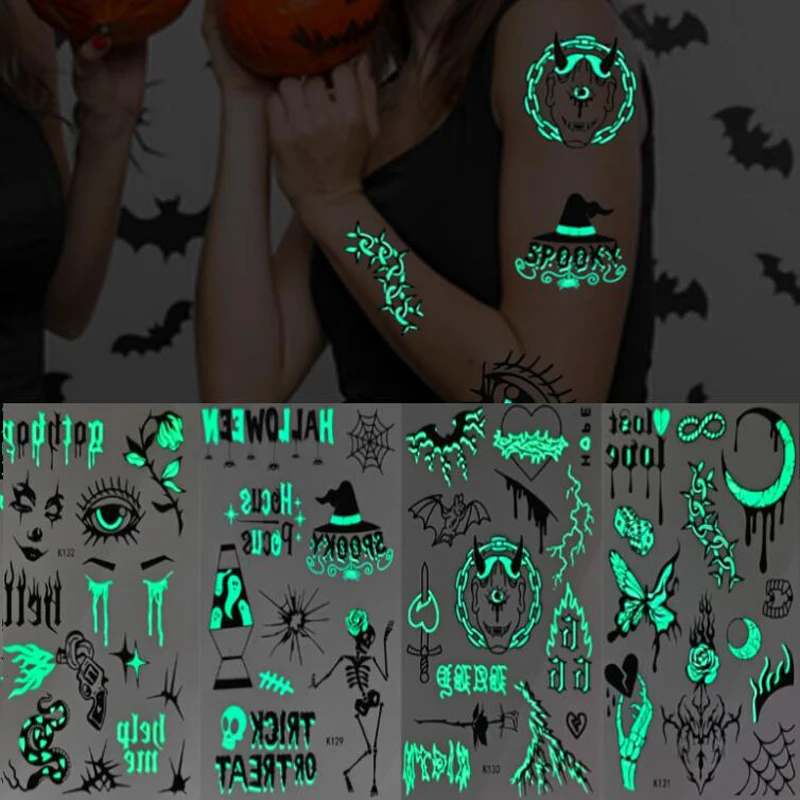 New Halloween Night Light Tattoo Sticker Waterproof Children's Cartoon Facial Stickers Glowing Pumpkin Skull Bat Fake Tattoos