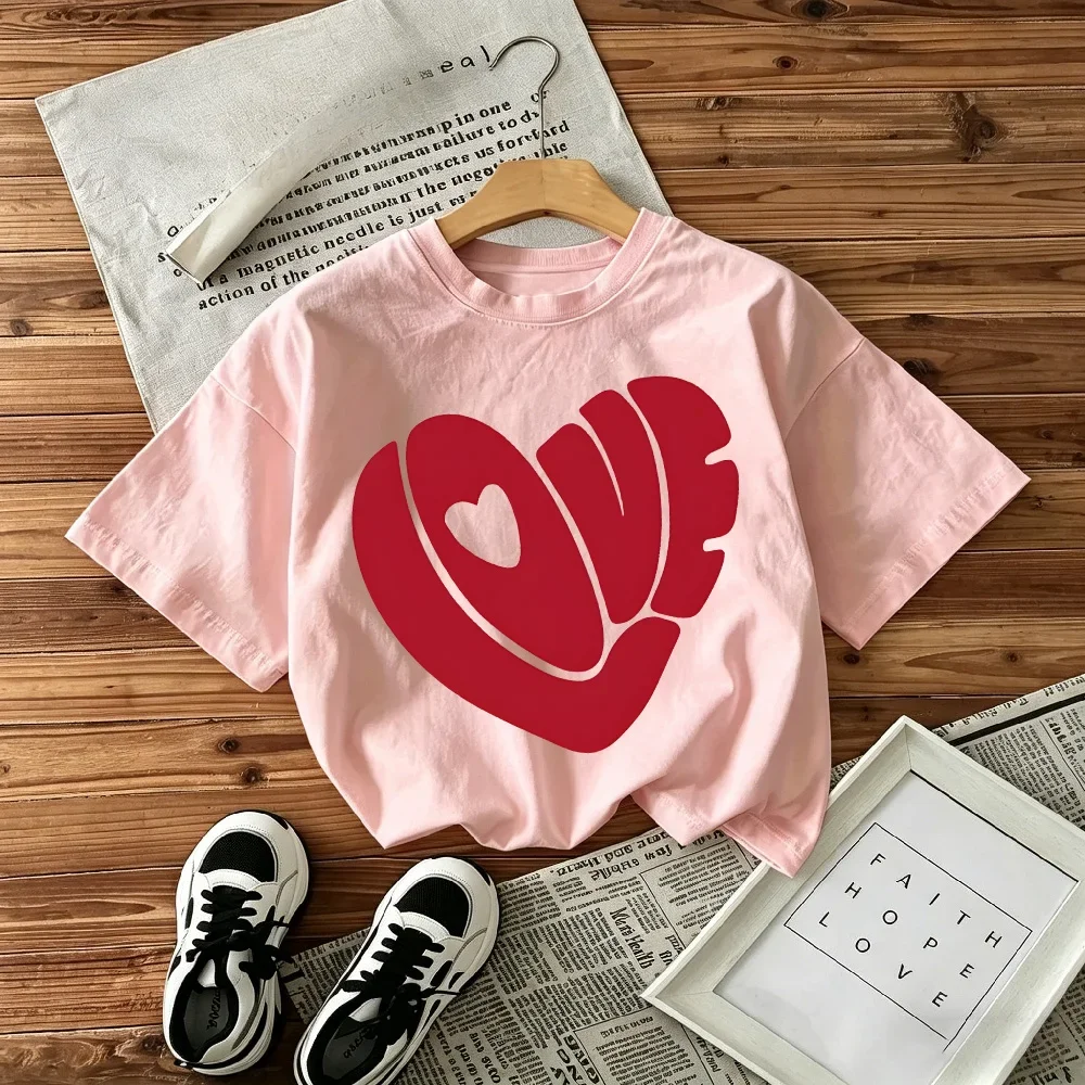 Summer Popular Children's Round Neck T-shirt Loose Comfortable Soft Skin Friendly Heart-shaped Love Printed Short Sleeved Shirt