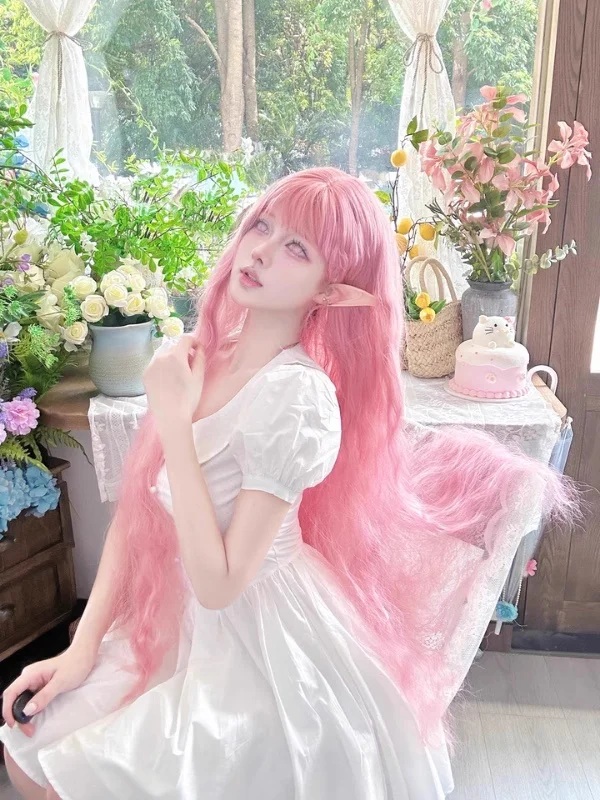 Lolita Pink Wig Super Long Wool Curls Princess Curly Hair Cherry Blossom Pink Fashionable and Versatile Synthetic Headband Wig