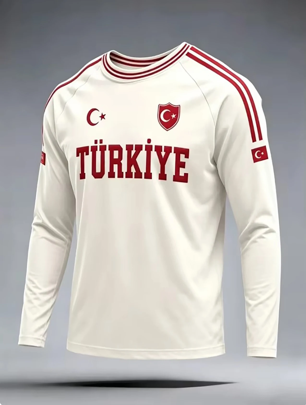 2026 Neues Herren-Fußballtrikot mit langen Ärmeln, Türkei-Print, weiß-rot gestreiftes Fußballshirt, lässiges Sport-Trainingsoberteil, Fan-Trikot – Detail 1