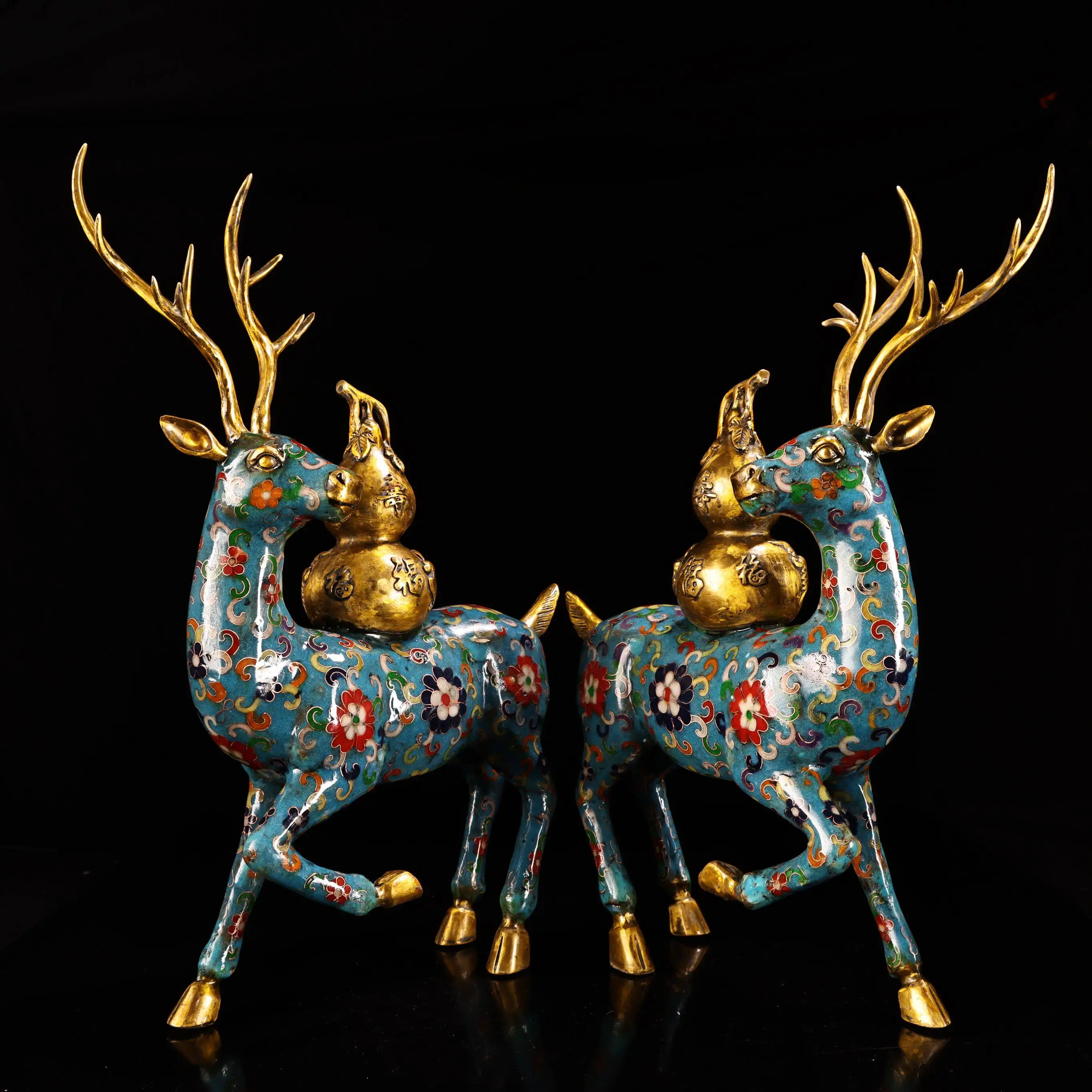 Cloisonne Enamel Gourd Deer Pair Bronze High Relief Chiseled Gilded Auspicious Home Decor Collectible