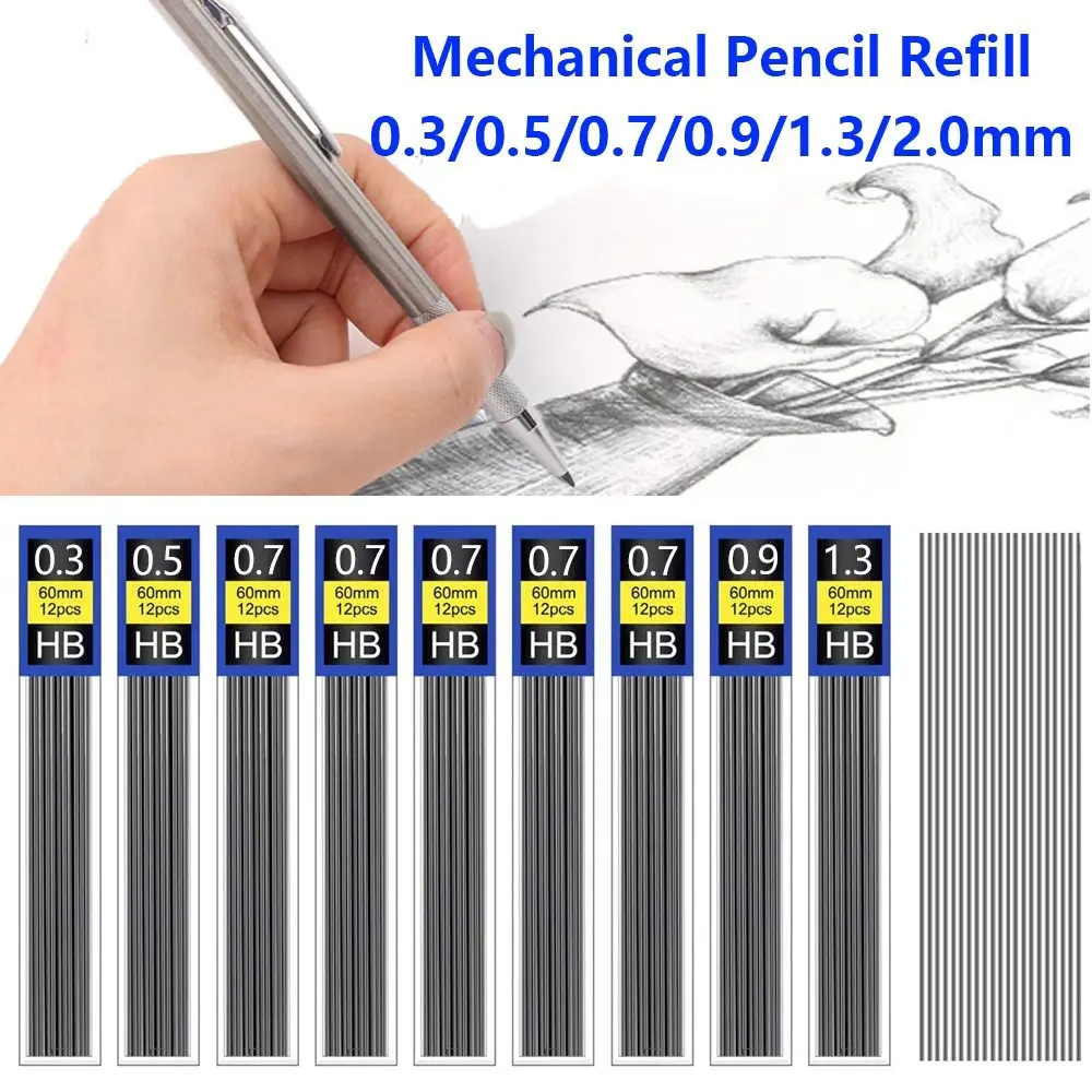 6 Boxes 0.3/0.5/0.7/0.9/1.3/2.0/3.0mm Automatic Pencil Refill Black Erasable Mechanical Pencil Lead Replace