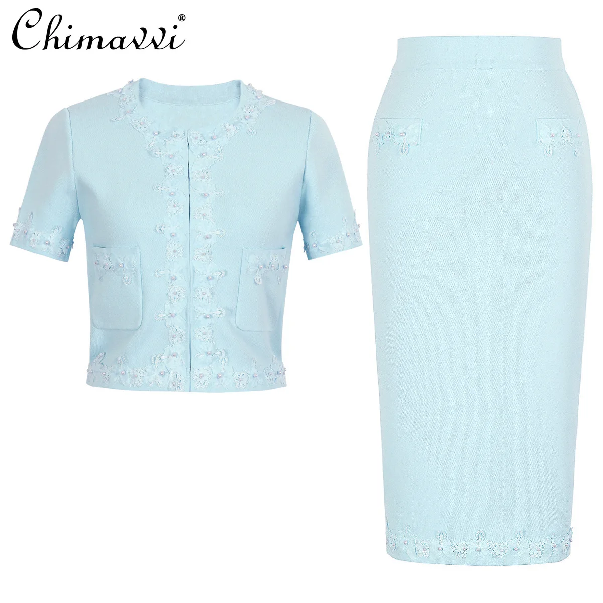 

French Fashion Elegant Commuting Beaded Flower Short Sleeve Knitted Tops High Waist Slim Fit Bodycon Skirts Two-Piece Set Women