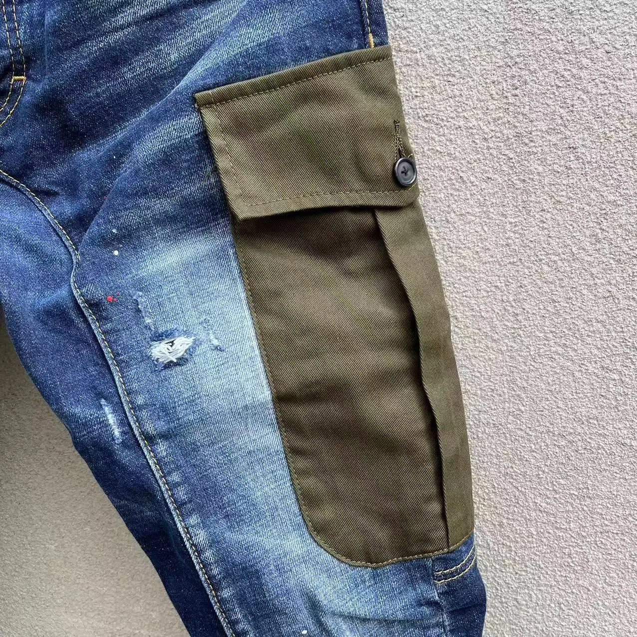 

chareiharper dsqT163 Trendy men's ripped patch jeans, slim fit with small feet, casual men's jeans