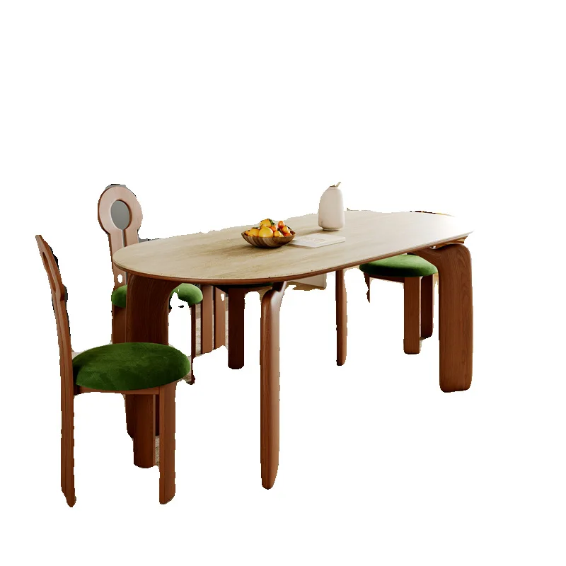 

Dining table solid wood dining table and chairs combination French retro Nordic ash wood medium ancient travertine