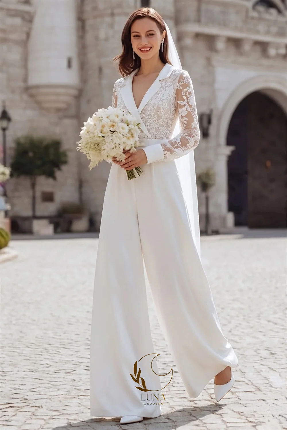 Luna Customized White Lace Jumpsuit Wedding Dress V Neck Long Sleeve Bride Outfit Peaked Wide Leg Outfit for Civil Wedding