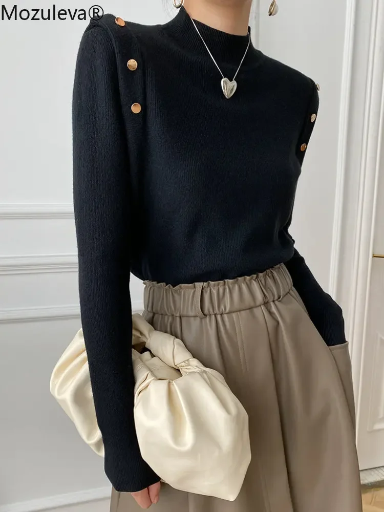 Mozuleva Korean Style Mock Neck Knitting Bottoming Warm Sweaters Button Design Autumn Winter Women\'s Pullovers Tops 2022