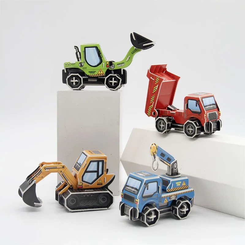 3D Cartoon Engineering Vehicle Cardboard Jigsaw Puzzle Excavator Truck Crane Paper Model for Kids Handmade DIY Toy Boys Gift