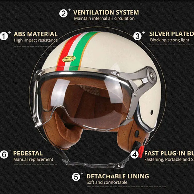 Retro 3/4 Open Face Motorcycle Helmet Men Women Scooter Motorbike Casco Chopper Vintage Casque Capacete De Moto DOT Approved