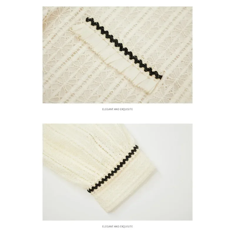 2023 New Hollow Out Long Sleeves Blouse for Women French OL Elegant Spring Autumn Lace Shirt Vacation Lolita Loose Clothing