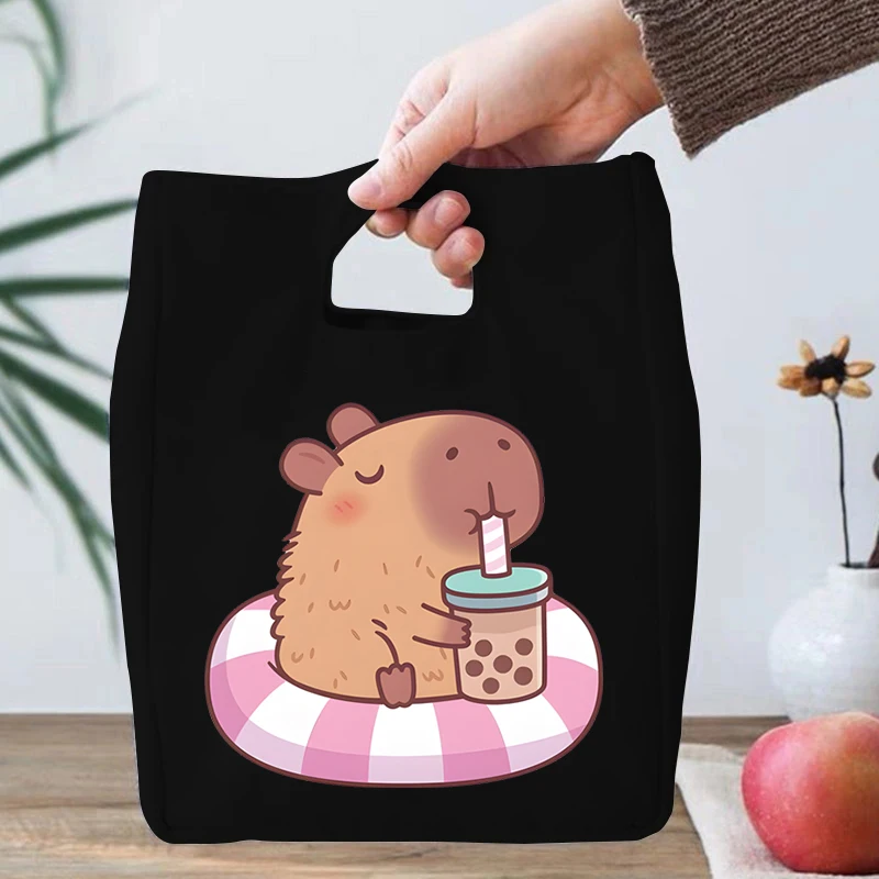 Canvas Lunch Bags Students Cute Capybara Drinking Boba Tea Print Portable Bento Bags Kids Kawaii Cartoon Capybara Gift Lunch Bag