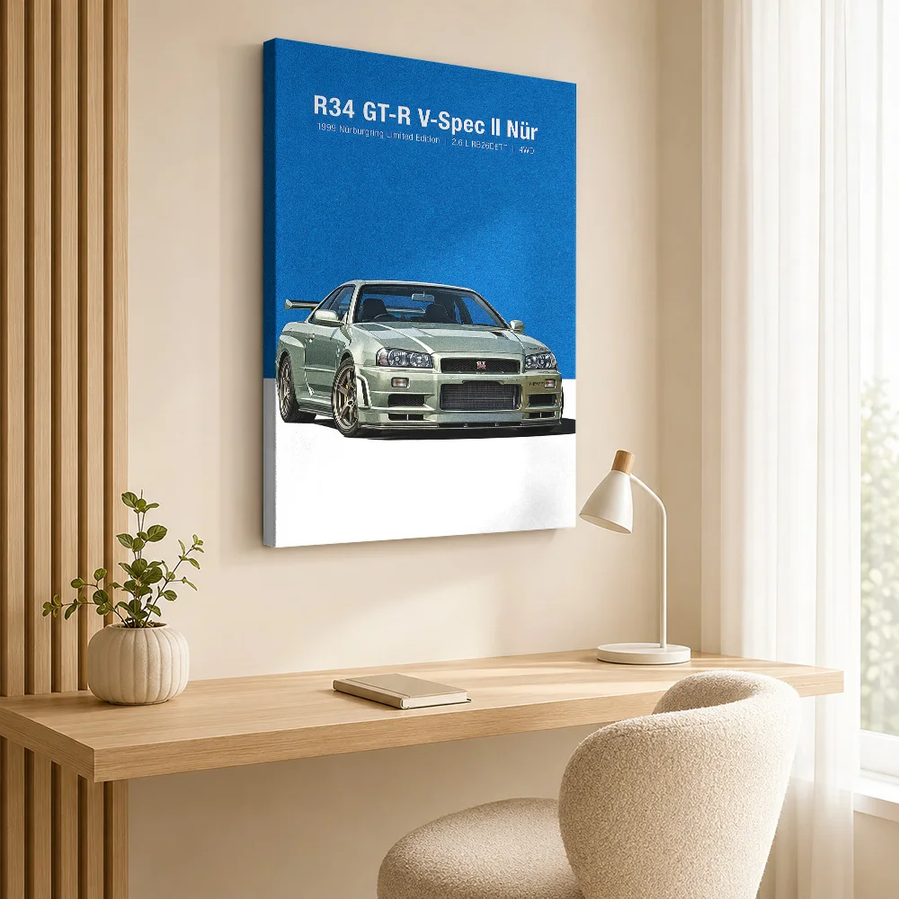 Japanese R34 GT-R V-Spec II Nur Sports Car Canvas Print Customized Photo Clean Composition Wall Art For Office Mechanic Gift