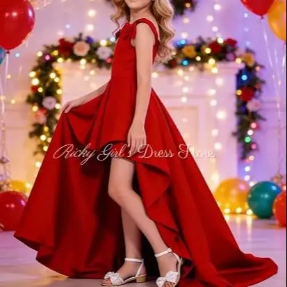 Customized Elegant High Low Red Flower Girl Dress With Bow Satin Kids Baby Princess Birthday Wedding Holiday Wedding Guest Dress