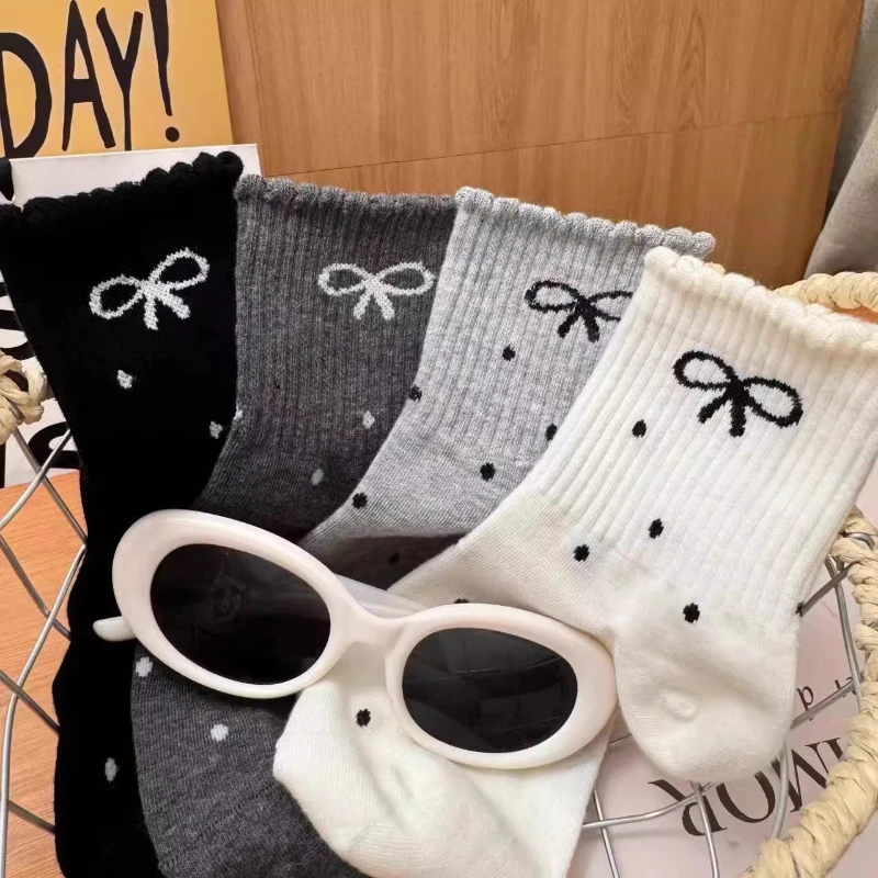 2024 Autumn Winter Bow Socks Women White Korean Cute Kawaii Harajuku Sweet Style Lolita Bowknot Female Long Socks Girl Gift Soks