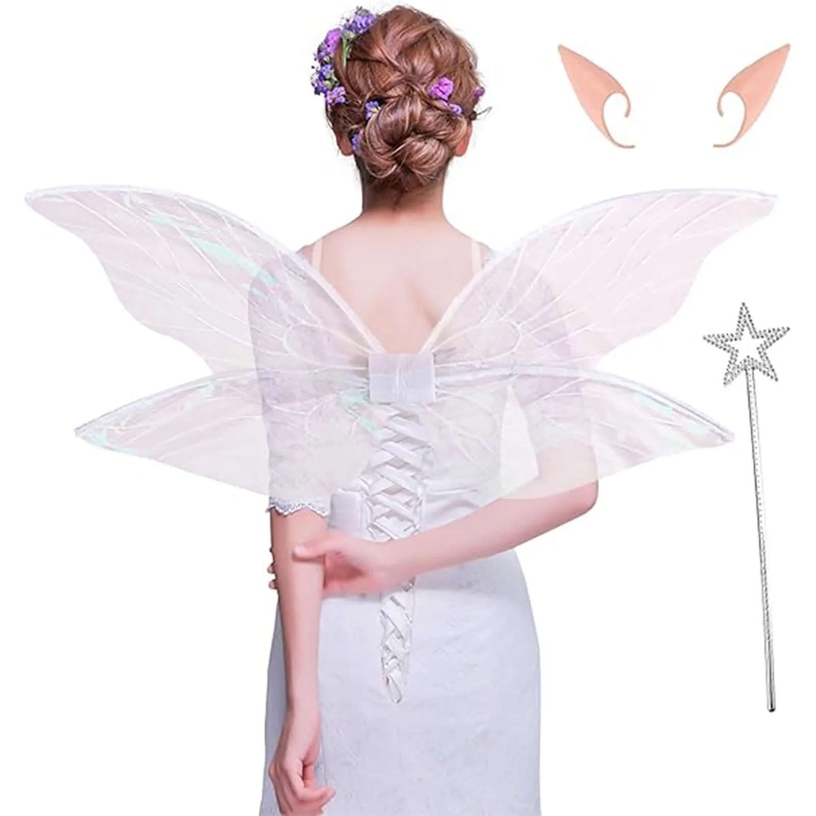 Women Girl Elf Princess Costume Accessories Party Angel Fairy Gradient Fabric Wings Star Wand Elf Ears Halloween Cosplay Props