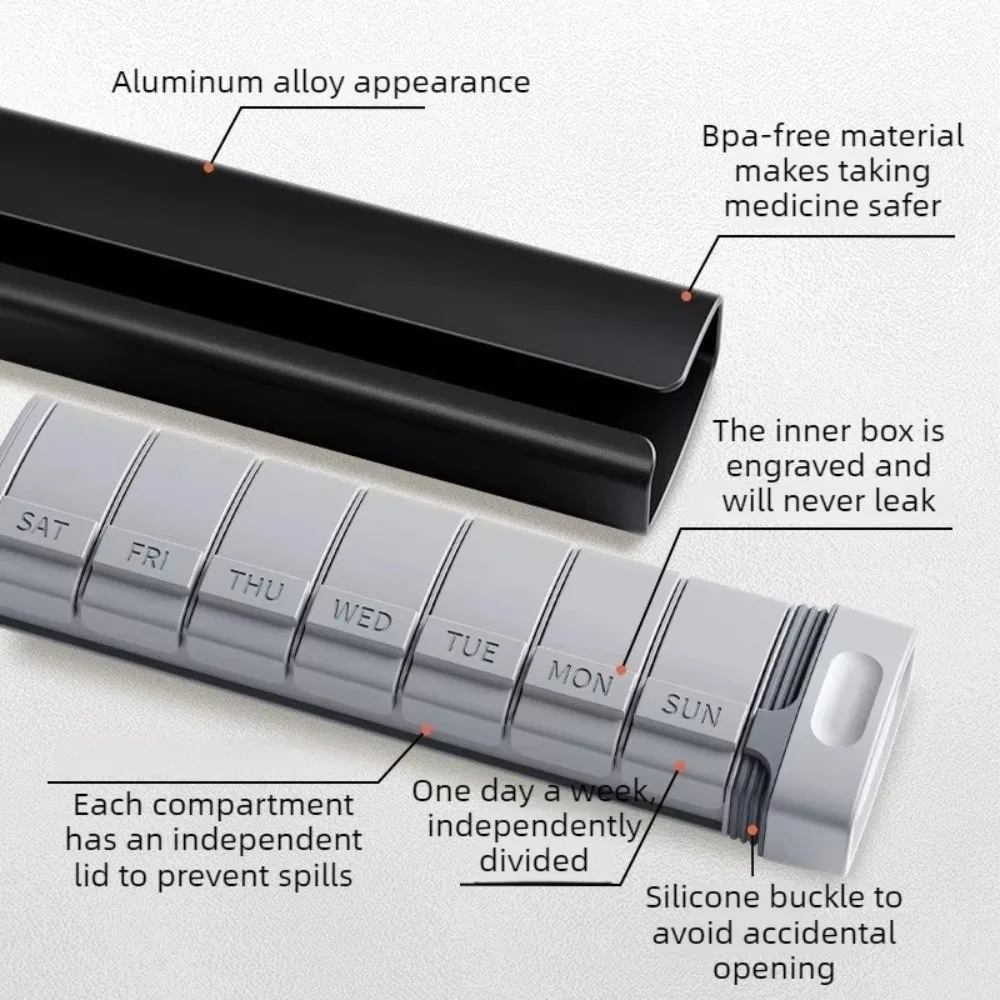 Stylish Design Large Capacity Weekly Pill Organizer 7 Day Aluminum Construction Pill Box Medicine Organizer Supplements