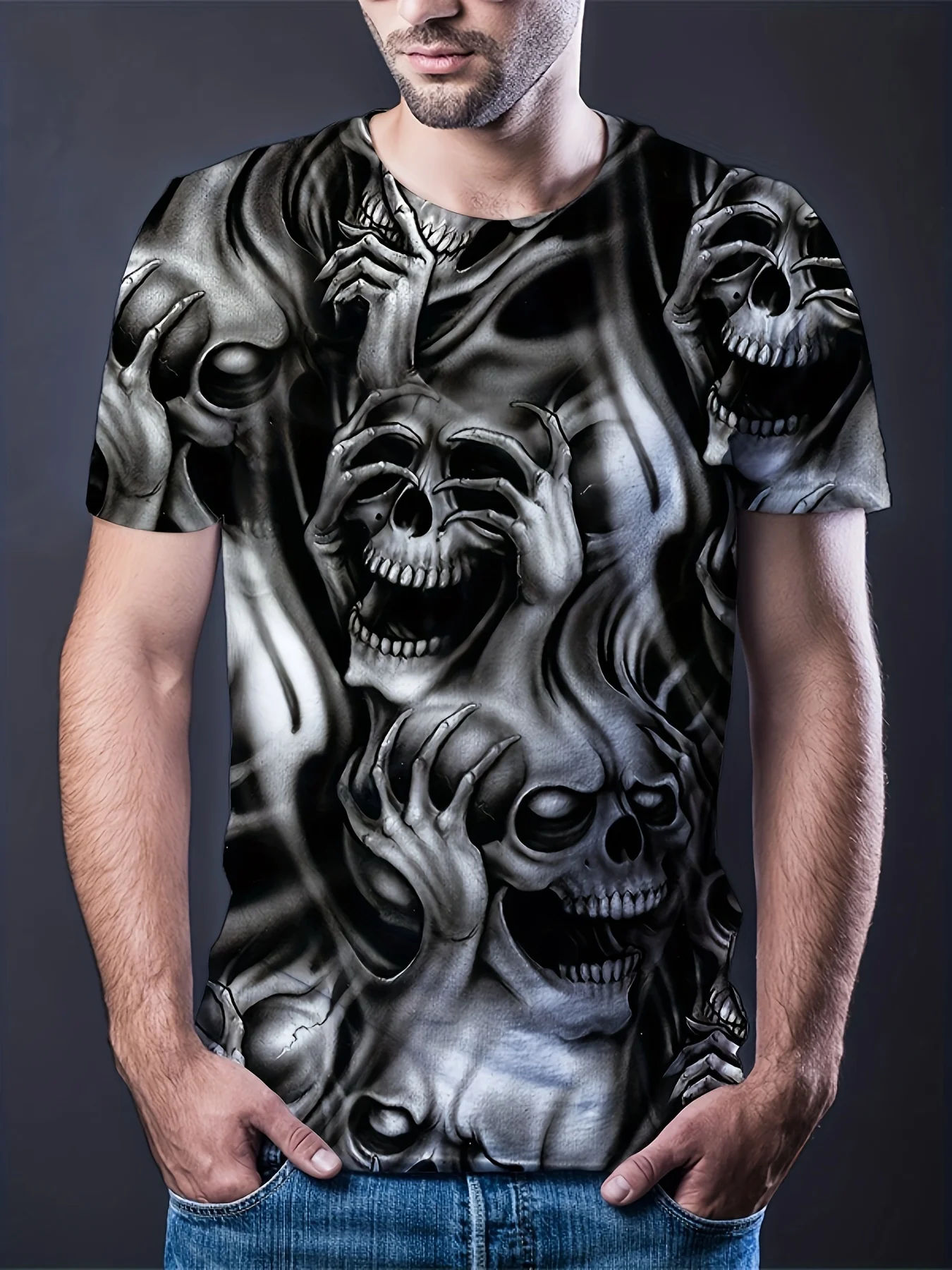 

The new 2024 grey swagger T-shirt skull print men's short sleeves