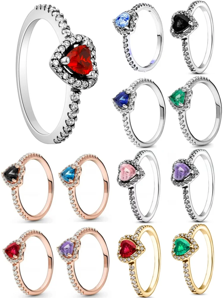New European 925 Silver,Red Pink,Purple,Green Heart-Shaped Rings are Suitable for Delicate Jewelry for Women at Wedding Parties