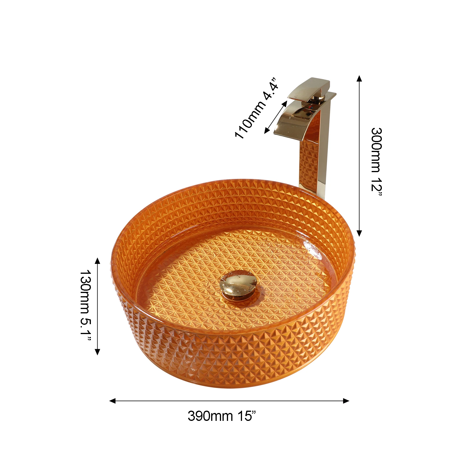 Torayvino Unique Orange Bathroom Glass Basin Set Wite Golden Faucet Diamond pattern Lavatory Waterfall Outflow Mixer Tap Faucet