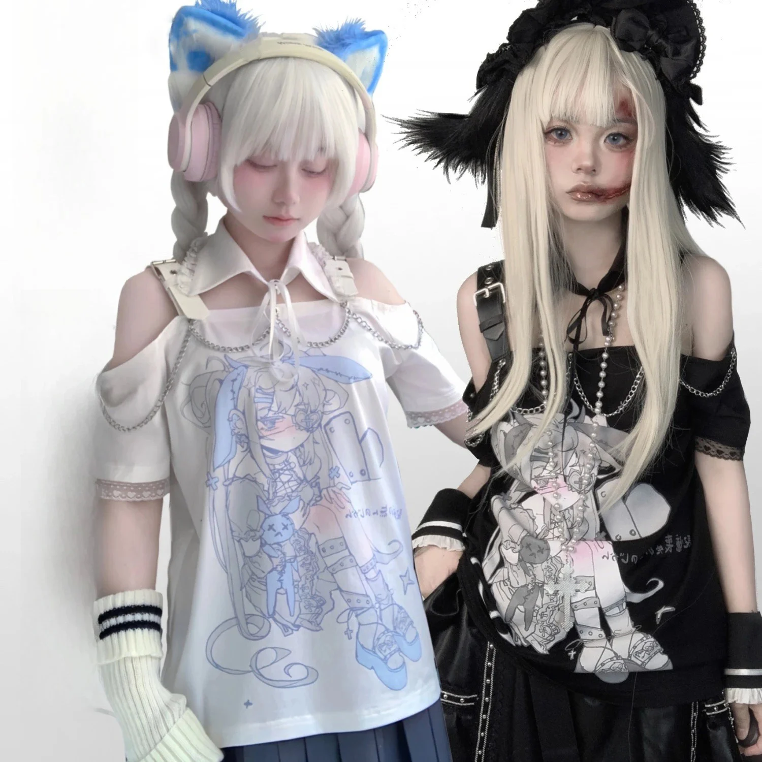 

Japanese Anime Print Short Sleeve T-shirts Women Spring Summer Off Shoulder Loose Casual Tops Retro Y2k Aesthetic Tees