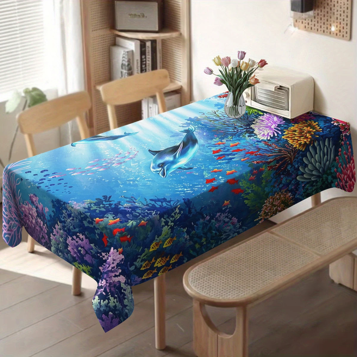 Blue Butterfly & Floral Pattern Polyester Tablecloth - Decorative Table Cover for Home Dining, Party and Daily Table Decoration