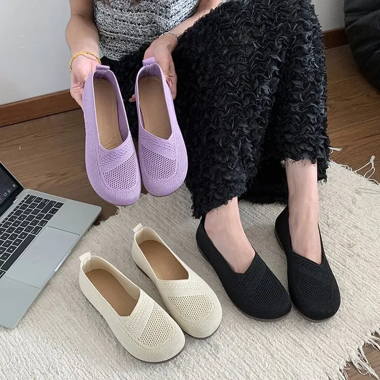 Большие женские туфли с неглубоким носком, новинка 2025 года, стильные сетчатые туфли на плоской подошве для ленивых