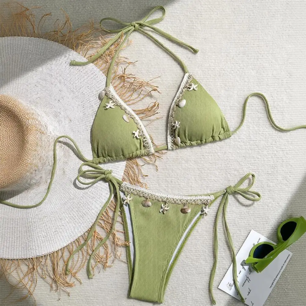 Alluring Halter Bikini Set With Shell Accent, Lace-Up Bra And Swim Bottoms, Summer Swimwear For Women