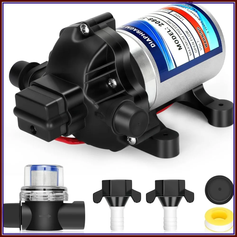 

12V RV Water Pump 3.5 GPM 45 PSI 1/2" NPT Quiet Diaphragm Pump with Detachable Filters