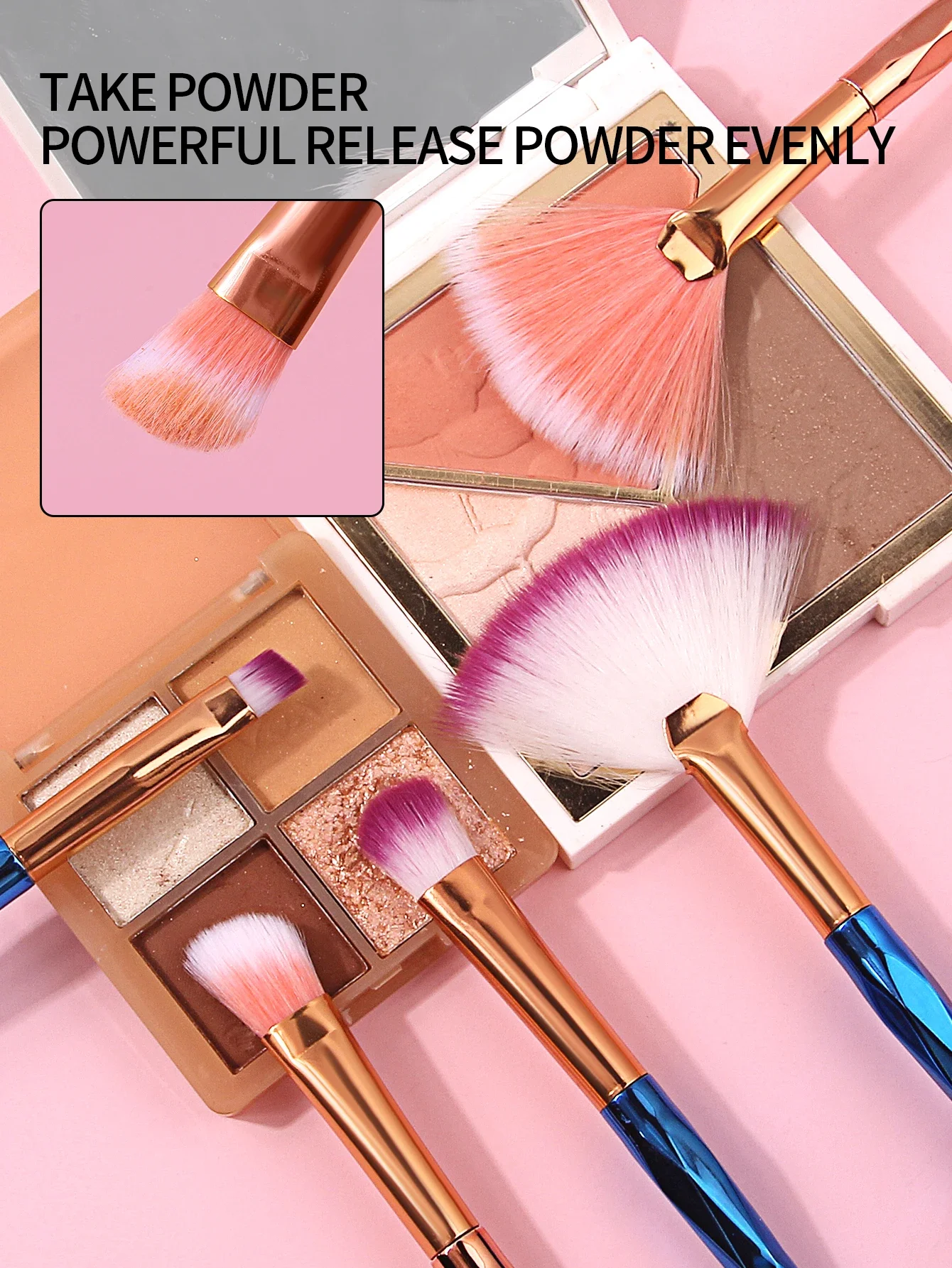 8 pezzi Pennello a forma di ventaglio con manico colorato, pennello per fard, pennello per contorno, pennello per ombretto, set di pennelli per trucco viso multifunzionale