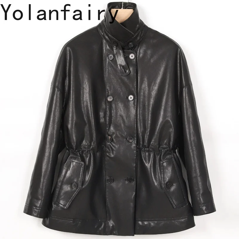 YOLANFAIRY 100% Genuine Sheepskin Leather Down Jackets Woman Winter Elegant Mid-length Goose Down Coat Waisted Puffer Jacket