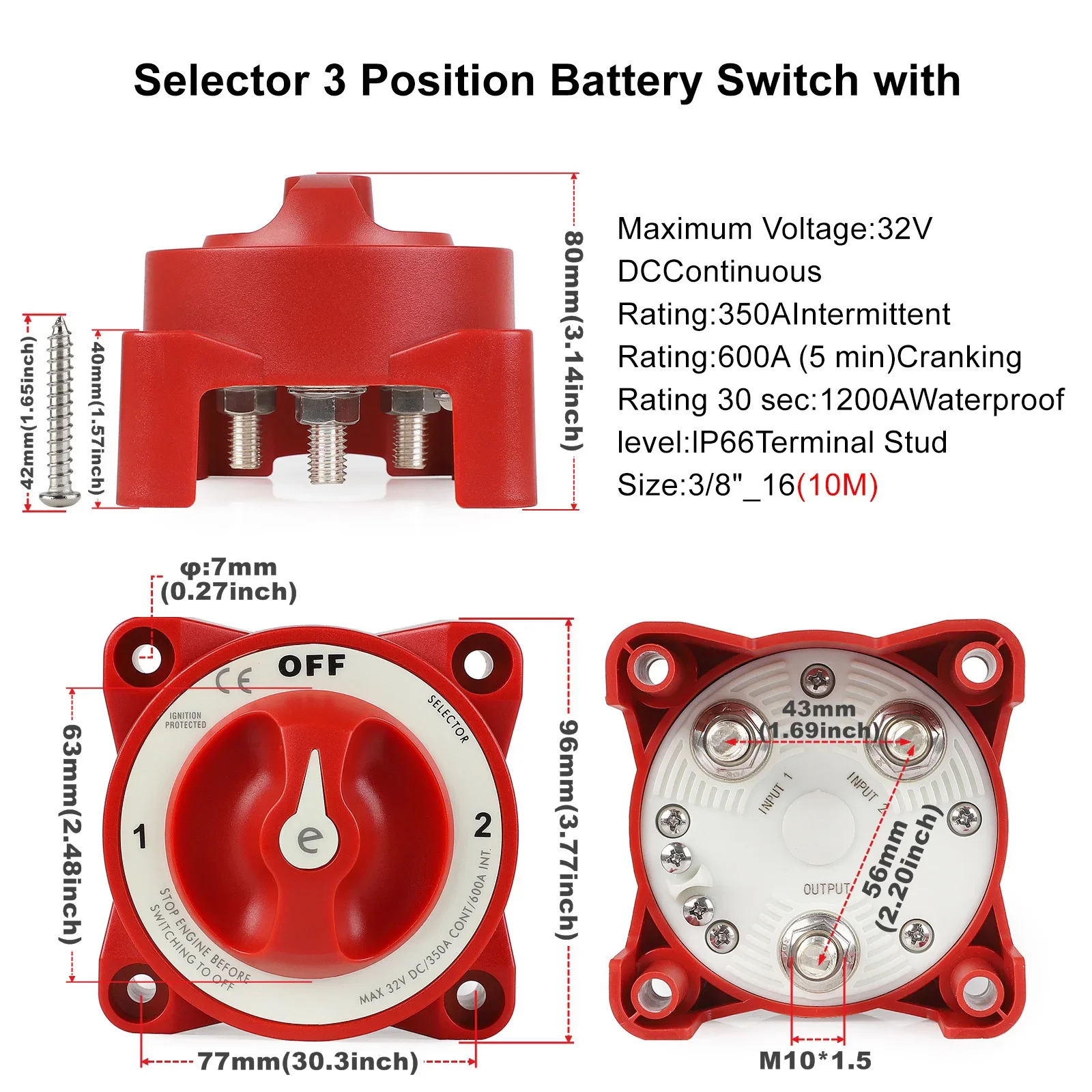 3 Position OFF-1-2 Battery Switch 350A 32V AFD Isolator Disconnect Rotary Switch E-Series Selector For Car Camping Truck RV Boat