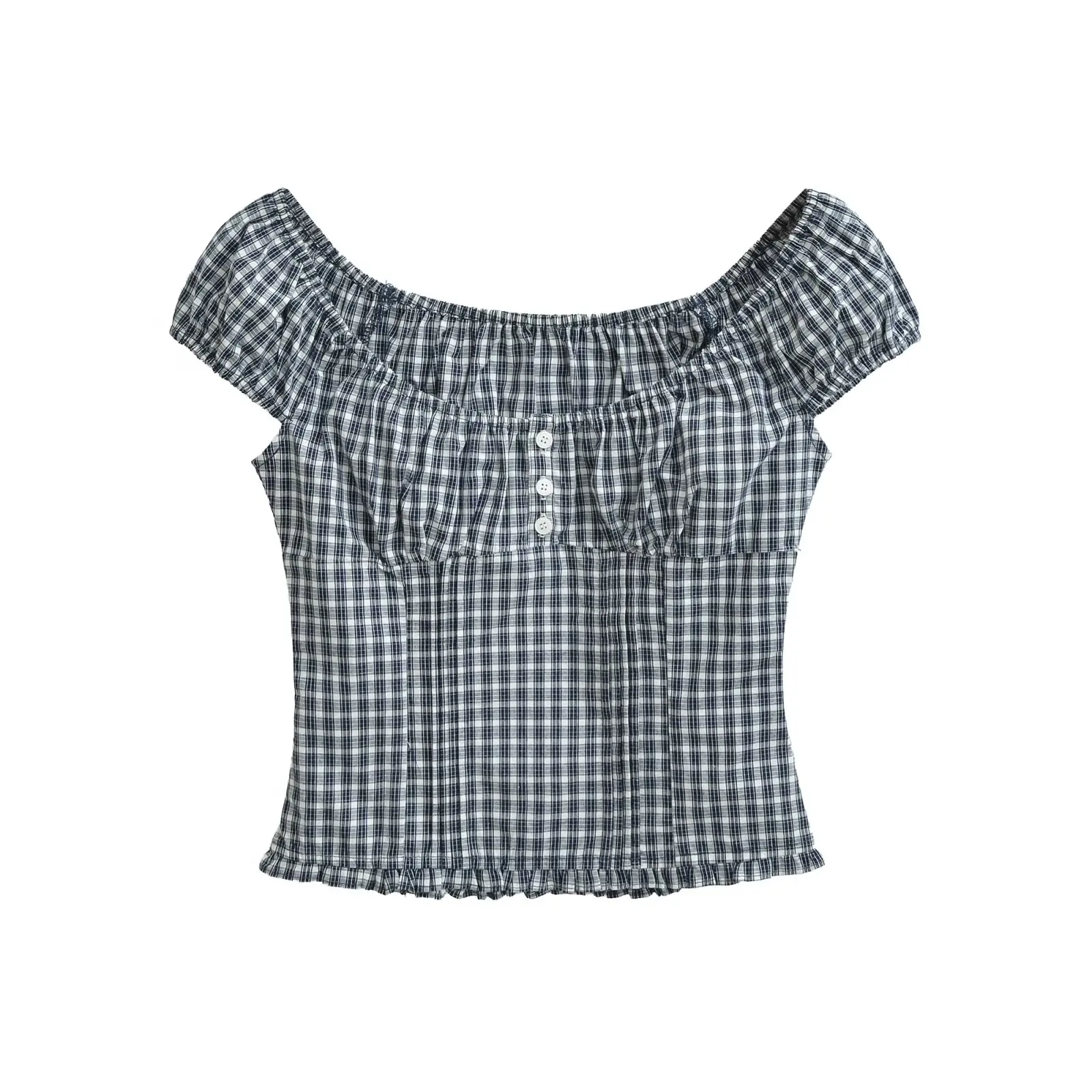 American Style Spicy Girl Casual Outerwear Plaid U-neck Short Sleeve Pure Desire Internet Famous Slimming Short Top