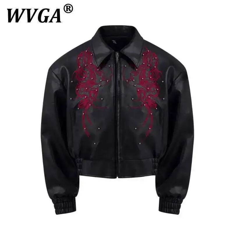 

WVGA Spring Autumn New Man Embroidery Trendy Long Sleeve Leather Jacket Beaded Oversized Niche Chic Casual Short Coats Ins W9181